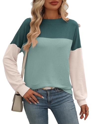 AMOMA Damen Patchwork Gestreiftes Langarm T-Shirt Rundhalsausschnitt Farbblock Shirt Freizeit Tops(M,Green+Cyan) von AMOMA