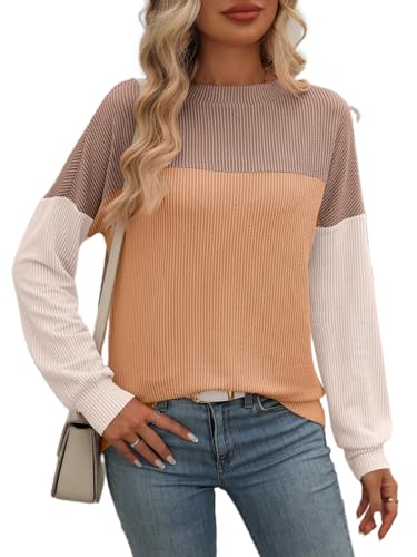 AMOMA Damen Patchwork Gestreiftes Langarm T-Shirt Rundhalsausschnitt Farbblock Shirt Freizeit Tops(XXL,Khaki+Orange) von AMOMA