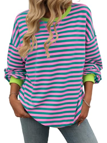 AMOMA Damen Patchwork Streifen Pullover Lose Passform Farbblock Langarm Sweatshirt(M,Rosered+Green) von AMOMA