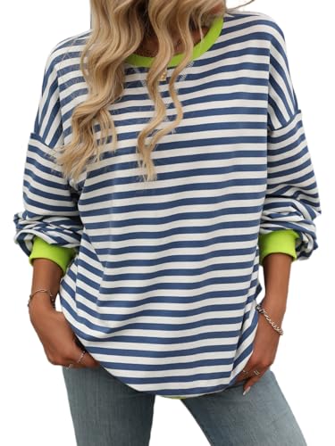 AMOMA Damen Patchwork Streifen Pullover Lose Passform Farbblock Langarm Sweatshirt(XXL,Navy+White) von AMOMA