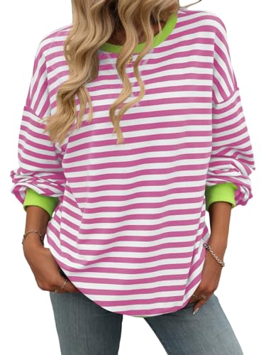 AMOMA Damen Patchwork Streifen Pullover Lose Passform Farbblock Langarm Sweatshirt(XXL,Pink+White) von AMOMA