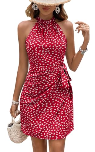 AMOMA Damen Polka Dot Neckholder Kleid Sommer Ärmellos Freizeit Mini Kurzes Kleid(L,Red) von AMOMA