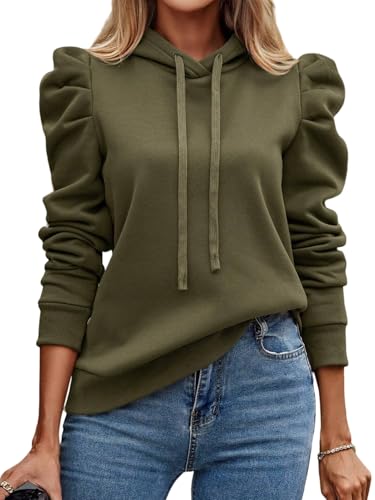 AMOMA Damen Puffärmel Hoodie Einfarbige Kordelzug Kapuzenpullover Freizeit Tops(L,DarkGreen) von AMOMA