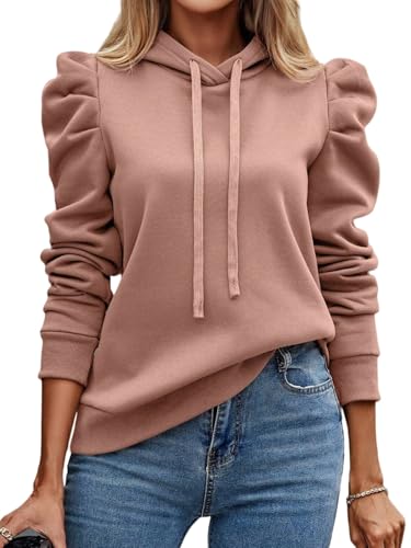 AMOMA Damen Puffärmel Hoodie Einfarbige Kordelzug Kapuzenpullover Freizeit Tops(M,Pinkish) von AMOMA