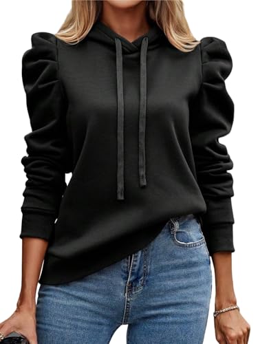 AMOMA Damen Puffärmel Hoodie Einfarbige Kordelzug Kapuzenpullover Freizeit Tops(S,Black) von AMOMA