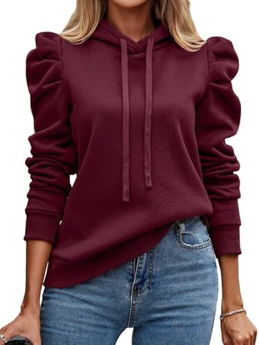 AMOMA Damen Puffärmel Hoodie Einfarbige Kordelzug Kapuzenpullover Freizeit Tops(S,WineRed) von AMOMA