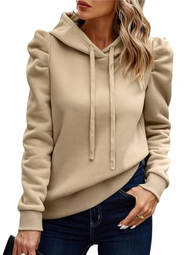 AMOMA Damen Puffärmel Hoodie Einfarbige Kordelzug Kapuzenpullover Freizeit Tops(XL,Apricot) von AMOMA