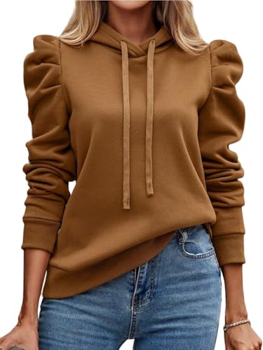 AMOMA Damen Puffärmel Hoodie Einfarbige Kordelzug Kapuzenpullover Freizeit Tops(XL,Brown) von AMOMA