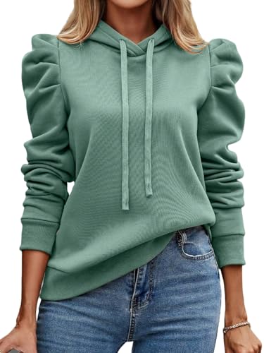 AMOMA Damen Puffärmel Hoodie Einfarbige Kordelzug Kapuzenpullover Freizeit Tops(XL,Cyan) von AMOMA