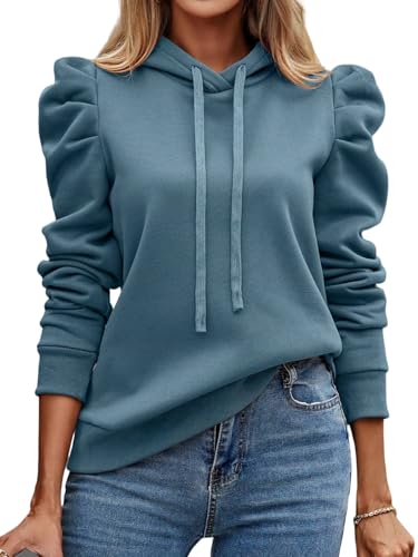 AMOMA Damen Puffärmel Hoodie Einfarbige Kordelzug Kapuzenpullover Freizeit Tops(XL,Greyblue) von AMOMA