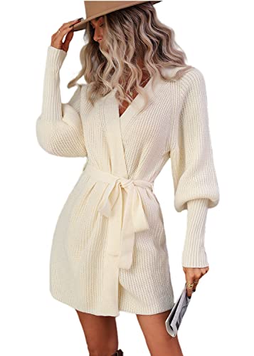 AMOMA Damen Rippstrick Lange Laterne Ärmel Wrap Tie Taille Strickpullover Cardigan(S,2280-Apricot) von AMOMA