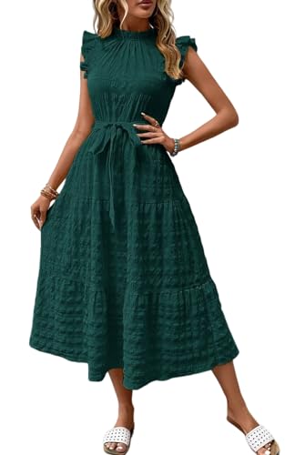 AMOMA Damen Sommer Rüschen Cap Ärmel Texturiertes Kleid Rüschenhals Taille Krawatte Knoten Midi A-Linie Kleid(L,DarkGreen) von AMOMA