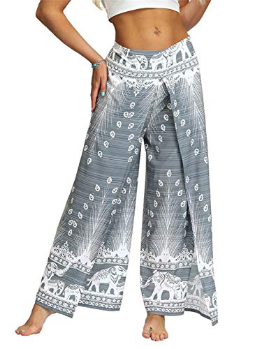 AMOMA Damen Sommer Weite Hosen Spliss Freizeit Locker Lange Hose Indie Folk Aladin Hippie Strand Hose(M,LightElephant) von AMOMA