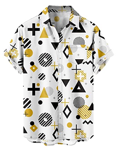 AMOMA Herren Argyle Muster Grafikelement Knopfhemd Kurzarm Geometrischer Druck Hemden(XL,GeoPlus) von AMOMA