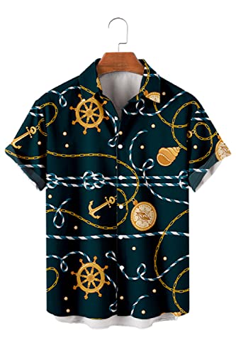 AMOMA Herren Casual Segelboote Vintage Retro Segeln Bedrucktes Kurzarm Hawaii Hemd mit Knöpfen(2XL,BlackGreenChains) von AMOMA