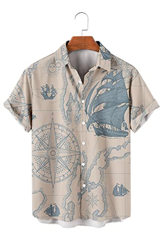 AMOMA Herren Casual Segelboote Vintage Retro Segeln Bedrucktes Kurzarm Hawaii Hemd mit Knöpfen(2XL,GreySailingShip) von AMOMA