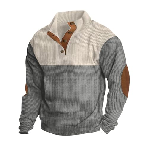 AMOMA Herren Freizeit Knof Spötter Stehkragen Langarm Rippenstrick Patchwork Cord Henley Polo Shirt(2XL,Grey+Apricot) von AMOMA