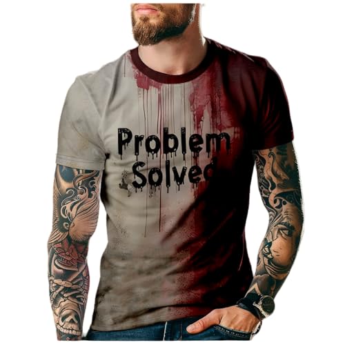 AMOMA Herren Im Fine Kurzarm Blutiges T-Shirt Halloween Cosplay Freizeit Shirts Tops(3XL,01ProblemSolved) von AMOMA