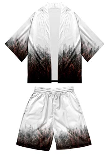 AMOMA Herren Jungen Japanese Kimono Strickjacke und Strandshorts Badehose Zweiteilige Sets(L,Color02) von AMOMA