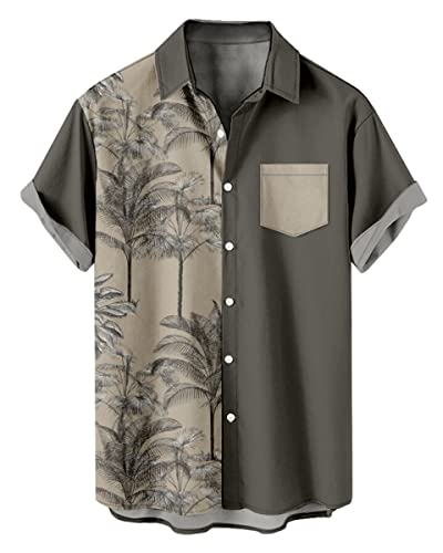 AMOMA Herren Kokosbäume Palmenblätter Hawaiihemd Knopf Kurzarm Aloha Hemden(L,HalfDarkGrey) von AMOMA