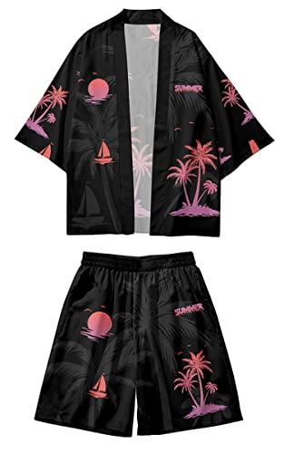 AMOMA Herren Kokosnuss Palmen Print Leichte Hawaii Kimono Strickjacke mit offener Vorderseite und Shorts 2-teiliges Set(2XL,CoconutBlackPink) von AMOMA