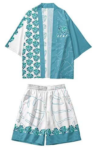 AMOMA Herren Kokosnuss Palmen Print Leichte Hawaii Kimono Strickjacke mit offener Vorderseite und Shorts 2-teiliges Set(2XL,PalmLeavesBlue) von AMOMA