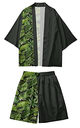 AMOMA Herren Kokosnuss Palmen Print Leichte Hawaii Kimono Strickjacke mit offener Vorderseite und Shorts 2-teiliges Set(L,PalmLeavesDarkGreen) von AMOMA