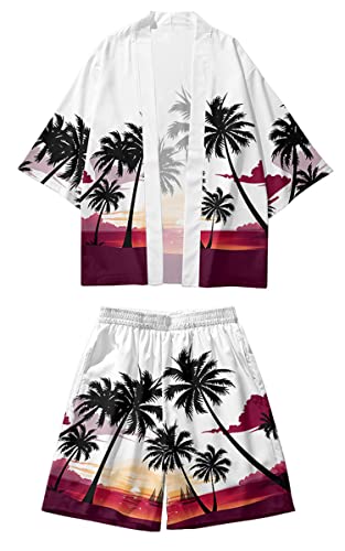 AMOMA Herren Kokosnuss Palmen Print Leichte Hawaii Kimono Strickjacke mit offener Vorderseite und Shorts 2-teiliges Set(M,SunsetWhite) von AMOMA