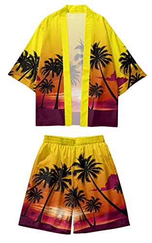 AMOMA Herren Kokosnuss Palmen Print Leichte Hawaii Kimono Strickjacke mit offener Vorderseite und Shorts 2-teiliges Set(M,SunsetYellow) von AMOMA