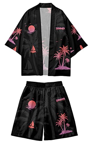 AMOMA Herren Kokosnuss Palmen Print Leichte Hawaii Kimono Strickjacke mit offener Vorderseite und Shorts 2-teiliges Set(XL,CoconutBlackPink) von AMOMA