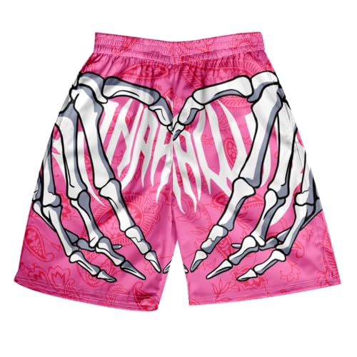 AMOMA Herren Paisley Skelett Schädel Hand Strand Board Shorts Freizeit Sommer Strand Badehose(S,Pink) von AMOMA