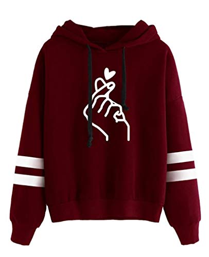 AMOMA Mädchen Damen Liebe Herz Finger Heart Digitaldruck Langarm Kapuzenpullover Niedlich Hoodie Sweatshirt Top(L,BWHeartDarkRed) von AMOMA