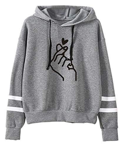 AMOMA Mädchen Damen Liebe Herz Finger Heart Digitaldruck Langarm Kapuzenpullover Niedlich Hoodie Sweatshirt Top(M,BWHeartGrey) von AMOMA