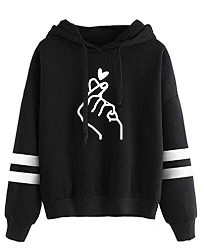 AMOMA Mädchen Damen Liebe Herz Finger Heart Digitaldruck Langarm Kapuzenpullover Niedlich Hoodie Sweatshirt Top(XL,BWHeartBlack) von AMOMA