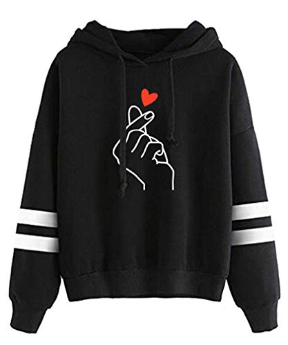 AMOMA Mädchen Damen Liebe Herz Finger Heart Digitaldruck Langarm Kapuzenpullover Niedlich Hoodie Sweatshirt Top(XS,RedHeartBlack) von AMOMA