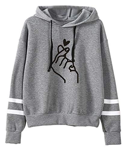 AMOMA Mädchen Damen Liebe Herz Finger Heart Digitaldruck Langarm Kapuzenpullover Niedlich Hoodie Sweatshirt Top(XXS,BWHeartGrey) von AMOMA