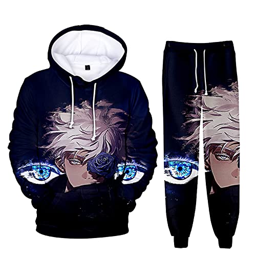 AMOMA Unisex Cosplay Anime Jujutsu Kaisen Kapuzenpullover Hosen Sets 2 Stück Pullover Jogginghose Anzug(2XL,EyesBlue) von AMOMA