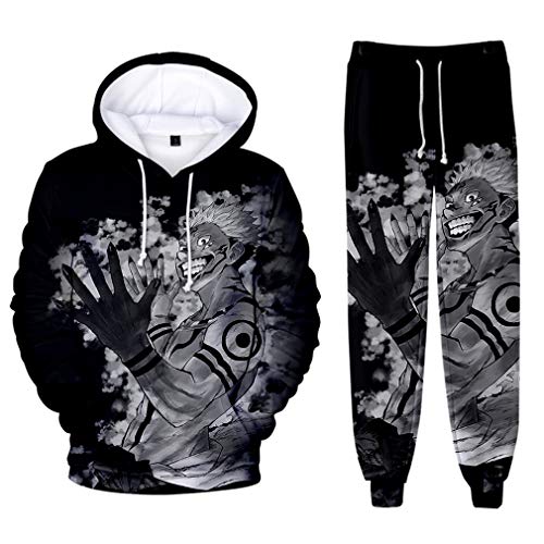 AMOMA Unisex Cosplay Anime Jujutsu Kaisen Kapuzenpullover Hosen Sets 2 Stück Pullover Jogginghose Anzug(2XL,Grey Black) von AMOMA