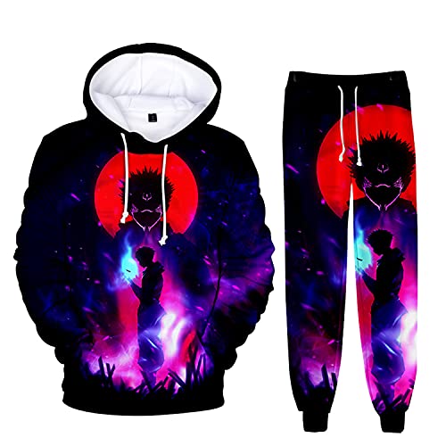 AMOMA Unisex Cosplay Anime Jujutsu Kaisen Kapuzenpullover Hosen Sets 2 Stück Pullover Jogginghose Anzug(2XL,RedMoon) von AMOMA