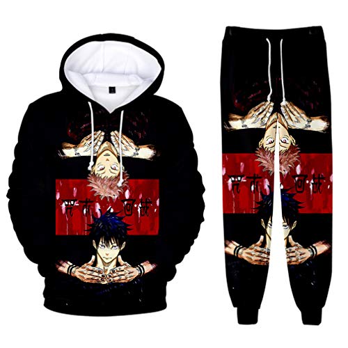 AMOMA Unisex Cosplay Anime Jujutsu Kaisen Kapuzenpullover Hosen Sets 2 Stück Pullover Jogginghose Anzug(3XL,Two Black) von AMOMA