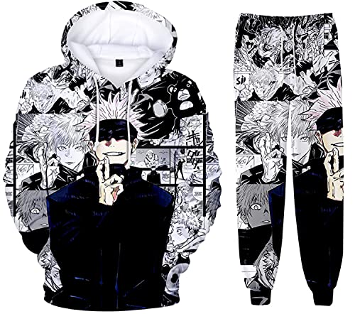 AMOMA Unisex Cosplay Anime Jujutsu Kaisen Kapuzenpullover Hosen Sets 2 Stück Pullover Jogginghose Anzug(XL,GojoComics) von AMOMA