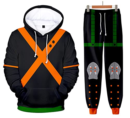 AMOMA Unisex Cosplay Anime My Hero Academia 3D Digitaldruck Outfit Kapuzenpullover Hosen Sets 2 Stück Zweiteilige Anzug(2XL,CosplayBakugou) von AMOMA