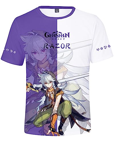 AMOMA Unisex Cosplay Game Genshin Impact 3D Diditaldruck T-Shirt Freizeit Kurzärmliges Rundhals Tees(L,RazorPurple) von AMOMA