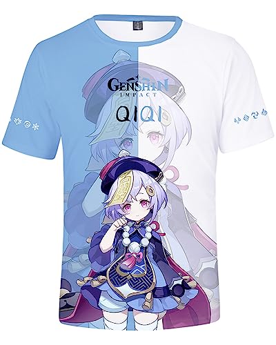 AMOMA Unisex Cosplay Game Genshin Impact 3D Diditaldruck T-Shirt Freizeit Kurzärmliges Rundhals Tees(M,QiqiLightblue) von AMOMA