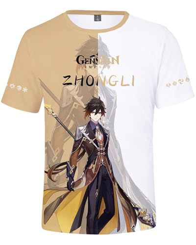 AMOMA Unisex Cosplay Game 3D Diditaldruck T-Shirt Freizeit Kurzärmliges Rundhals Tees(XL,ZhongliBrown) von AMOMA