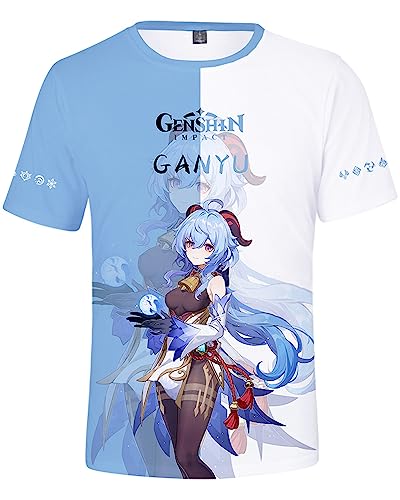AMOMA Unisex Cosplay Game Genshin Impact 3D Diditaldruck T-Shirt Freizeit Kurzärmliges Rundhals Tees(L,GanyuLightblue) von AMOMA