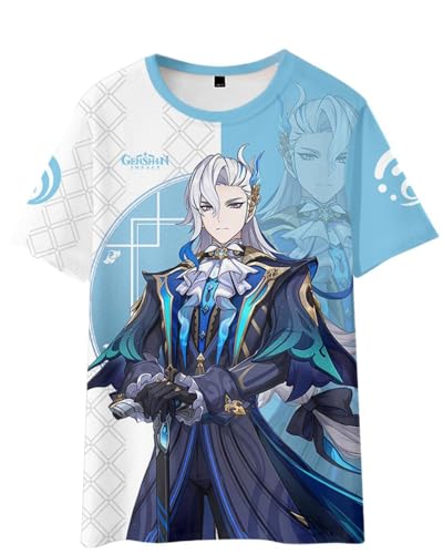AMOMA Unisex Cosplay Game Genshin Impact 3D Diditaldruck T-Shirt Freizeit Kurzärmliges Rundhals Tees(L,Neuvillette-BW) von AMOMA