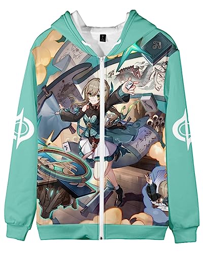 AMOMA Unisex Cosplay Game Honkai Star Rail Zip Hoodie Freizeit Mantel Kapuzenjacke mit Reißverschluss Mit Taschen(XXL,Qingque) von AMOMA