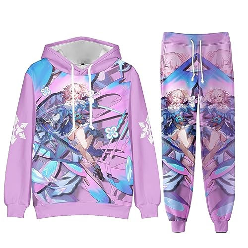 AMOMA Unisex Cosplay Honkai Star Rail Kapuzenpullover Hosen Sets 2 Stück Pullover Jogginghose Anzug(4XL,March7th) von AMOMA