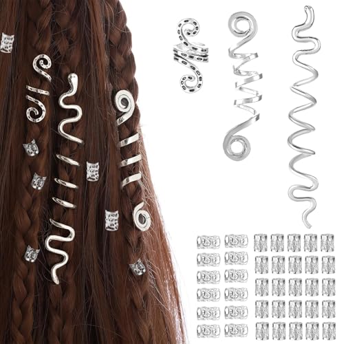 40 Stück Silber Haar Accessoire, AMONENZ Spiral Haarperlen zum Klipsen, Schlangenförmig Dreadlocks Schmuck, für Männer und Frauen Geflochtene Zöpfe von AMONENZ